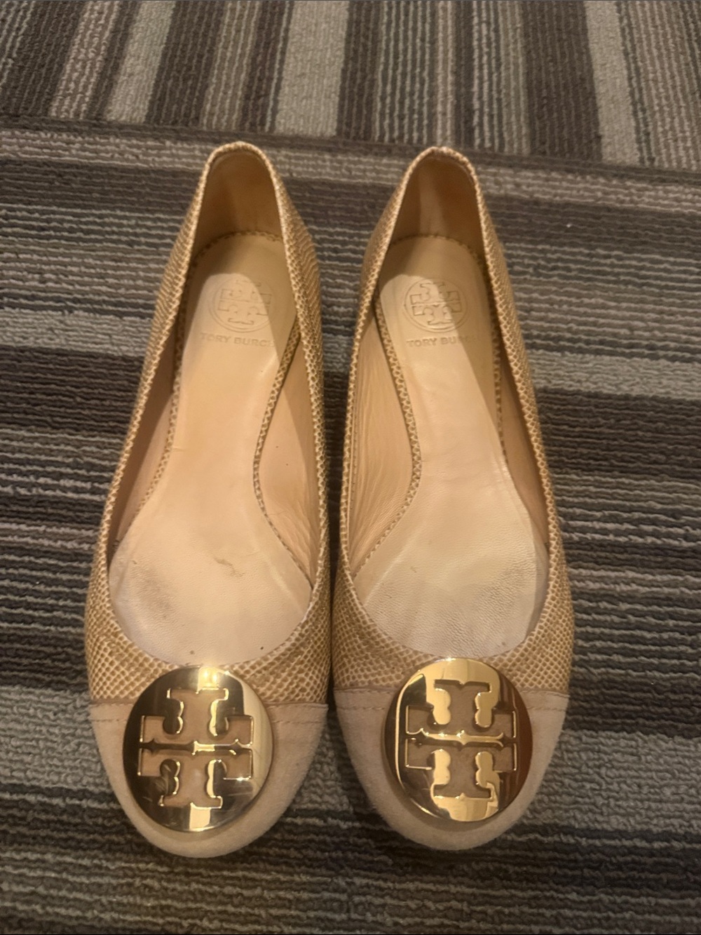 Tory Burch Beige Ballet Flats with Gold Logo Medallion
